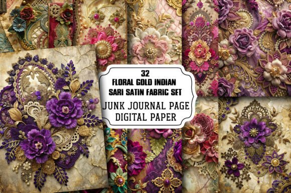 Download Floral Gold Indian Sari Satin Fabric Set - Fabric Collection